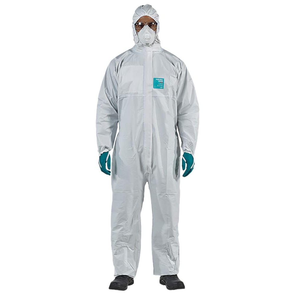 Disposable Coveralls: Size Large, 0.5382 oz, Microporous Polyethylene Laminate Non-Woven, 2-Way Zipper with Storm Flap, Chinstrap, Finger Loops & Elastic Closure