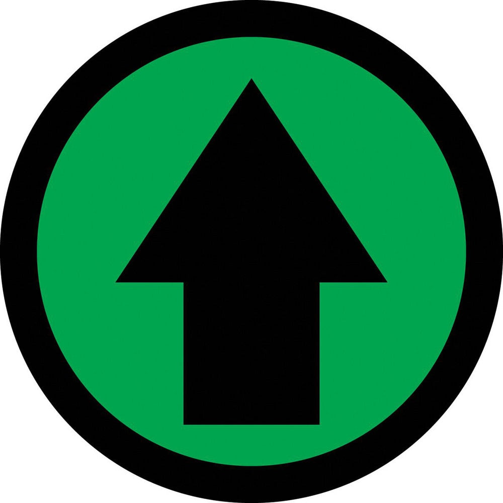 Adhesive Backed Floor Signs; Message Type: Traffic Control; Message/Graphic: Graphic Only; Message or Graphic: Graphic Only; Legend: Arrow Graphic; Material: Vinyl; Legend Color: Black; Color: Black, Green; Shape: Circle