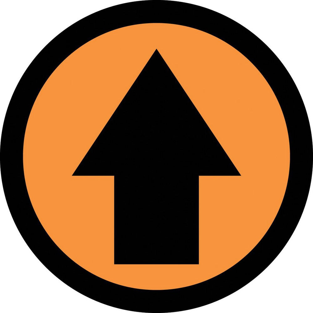 Adhesive Backed Floor Signs; Message Type: Traffic Control; Message/Graphic: Graphic Only; Message or Graphic: Graphic Only; Legend: Arrow Graphic; Material: Vinyl; Legend Color: Black; Color: Black, Orange; Shape: Circle