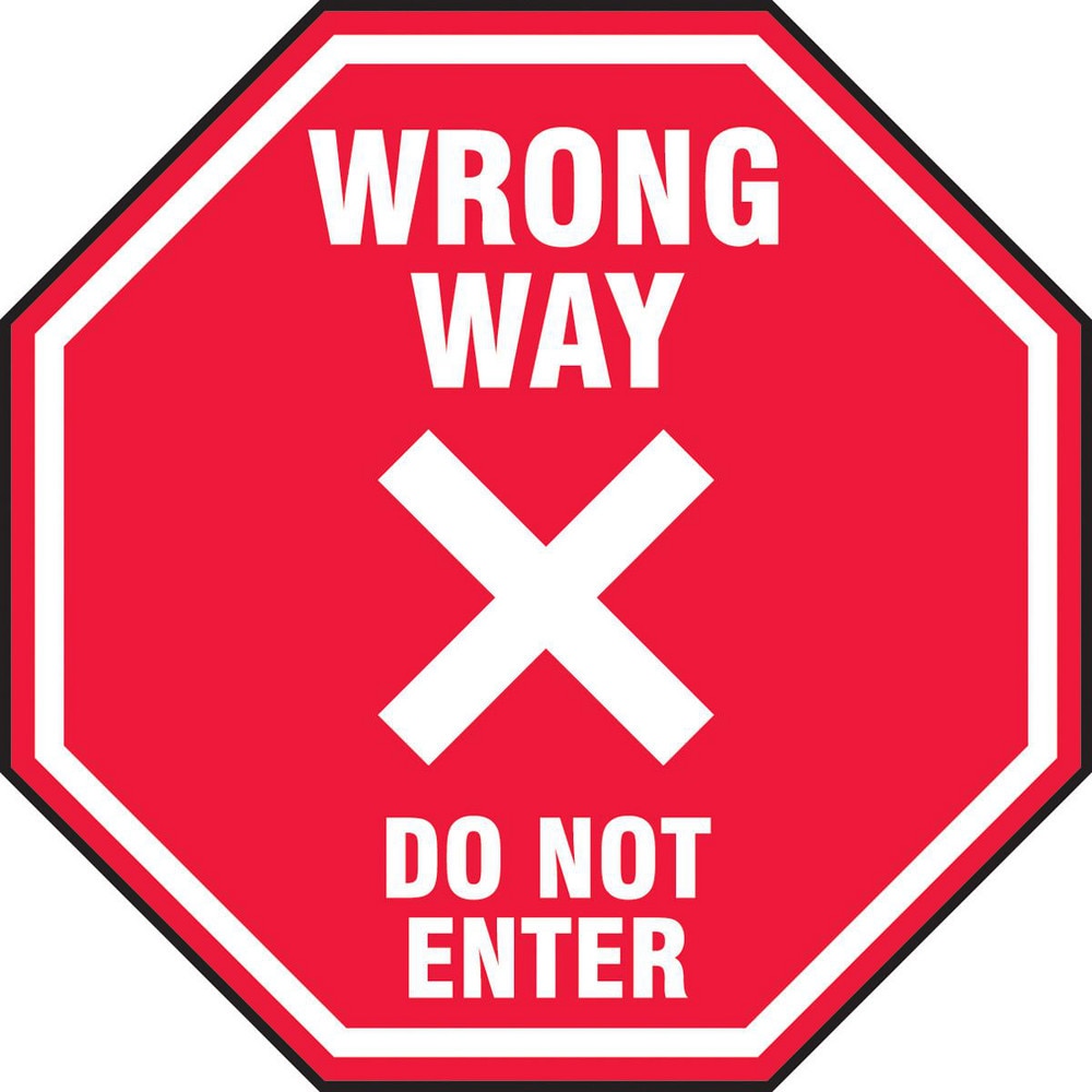 Adhesive Backed Floor Signs; Message Type: Traffic Control; Message/Graphic: Message & Graphic; Message or Graphic: Message & Graphic; Legend: WRONG WAY DO NOT ENTER; Material: Vinyl; Legend Color: White; Color: Red, White; Shape: Octagon