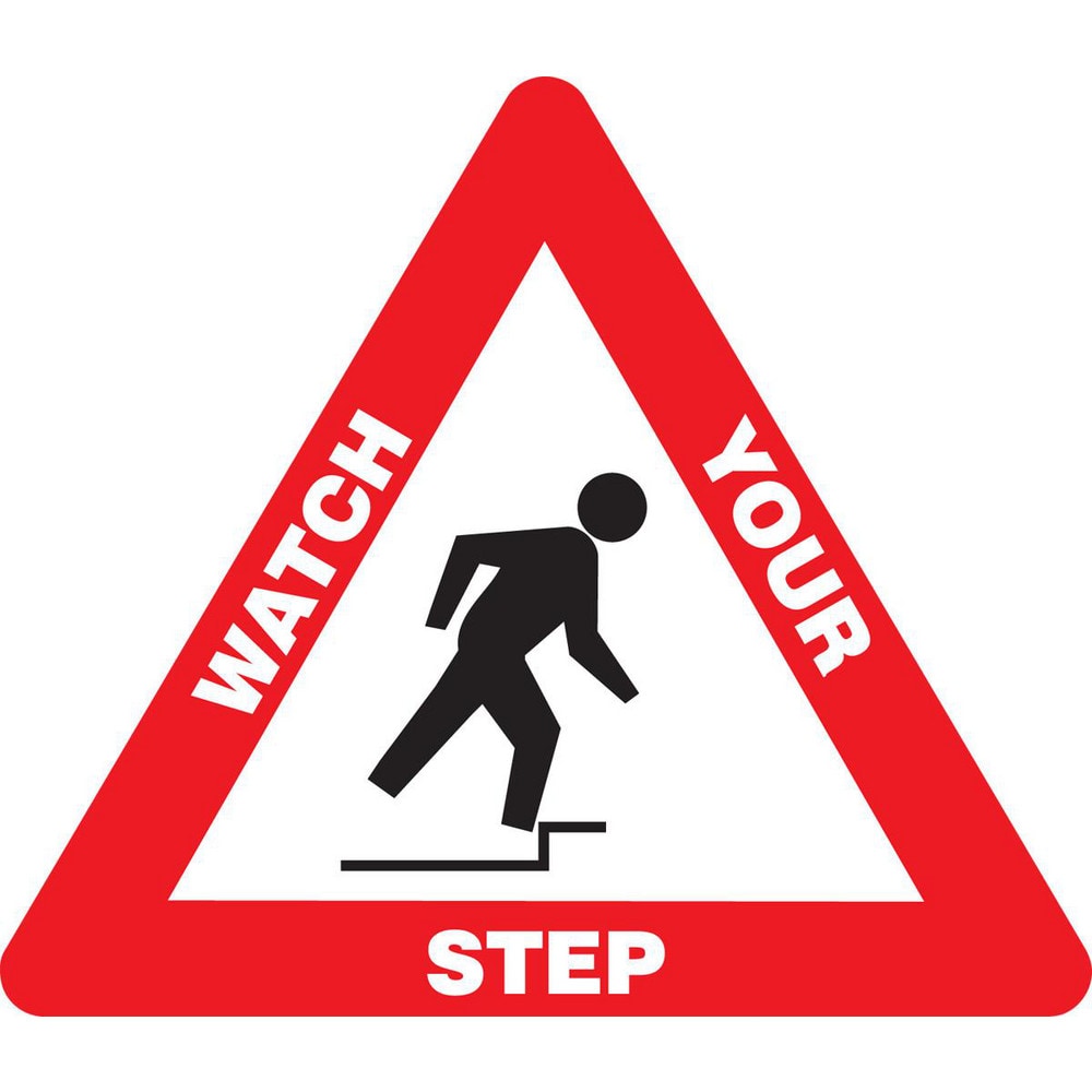 Adhesive Backed Floor Signs; Message Type: Traffic Control; Message/Graphic: Message & Graphic; Message or Graphic: Message & Graphic; Legend: WATCH YOUR STEP; Material: Vinyl; Legend Color: White; Color: Red, White, Black; Shape: Triangle