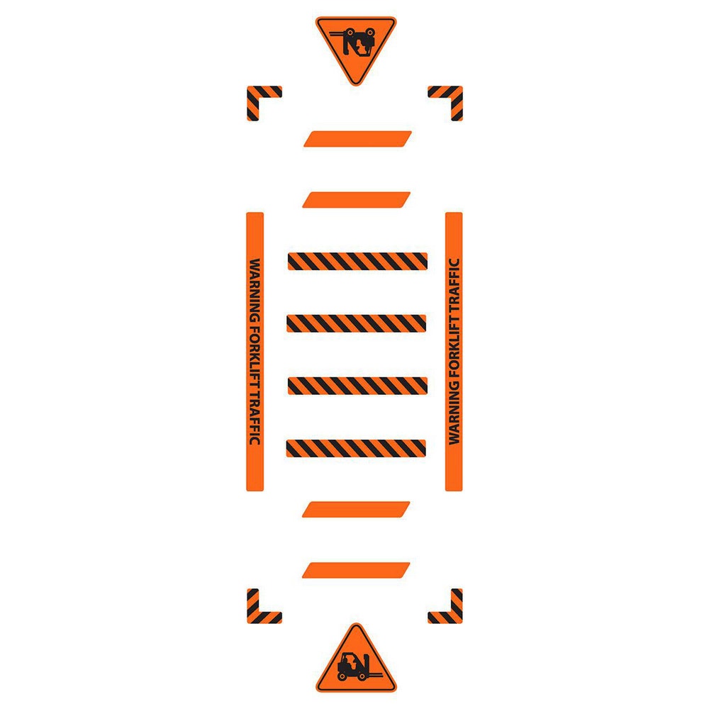 Adhesive Backed Floor Signs; Message Type: Traffic Control; Message/Graphic: Message & Graphic; Message or Graphic: Message & Graphic; Legend: WARNING FORKLIFT TRAFFIC; Material: Vinyl; Legend Color: Black; Color: Black, Orange; Shape: Rectangle