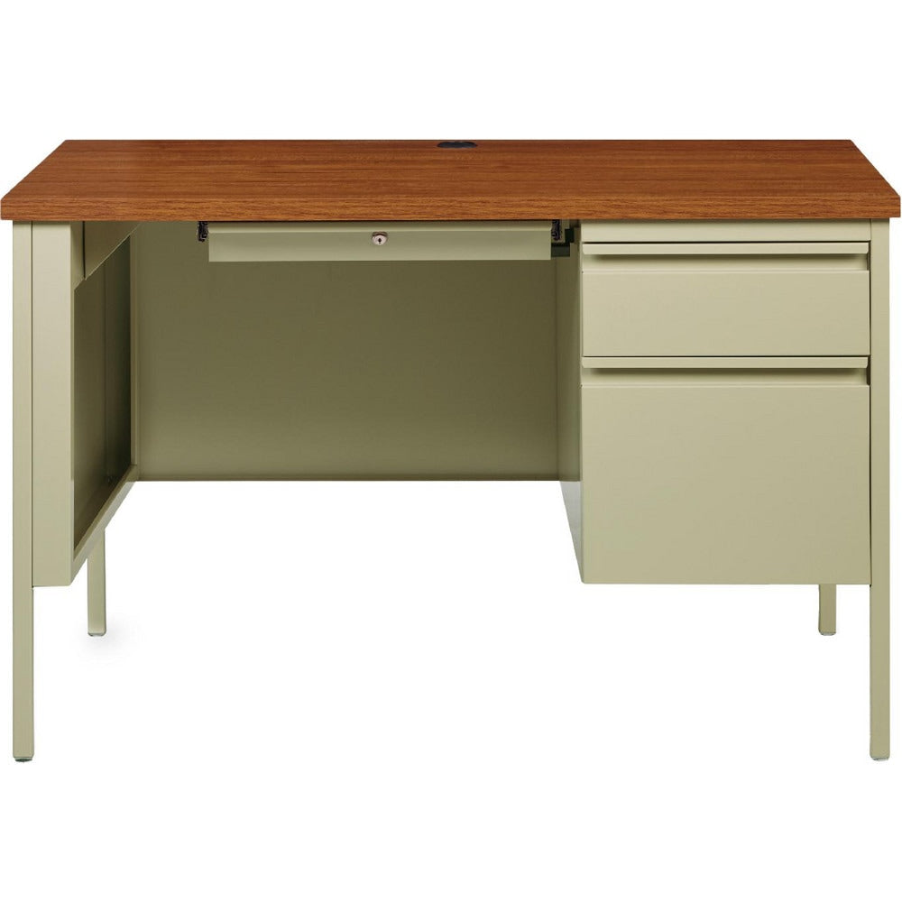 Office Desks; Desk Type: Right Pedestal; Type: Single Pedestal; Color: Cherry, Putty; Material: Steel; Top Material: Woodgrain Laminate; Center Drawer: Yes