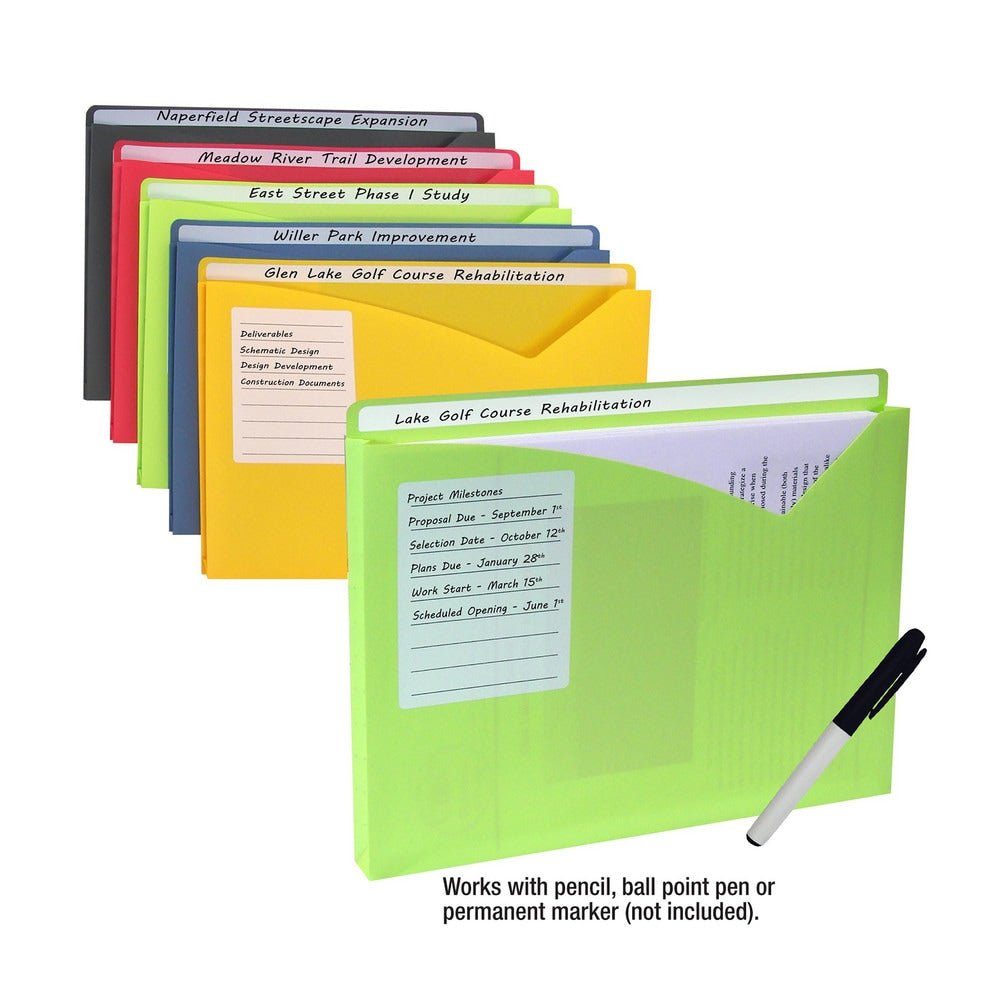 File Folders, Expansion Folders & Hanging Files; Folder Type: Poly; File Jackets; Write-On; Dry Erase; Color: Lime, Amber Orange, Steel Blue, Raspberry Red, Charcoal; Index Tabs: Yes