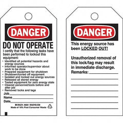 Do Not Operate Tag: 5-3/4" High, 3" Wide, Paper, "DANGER"