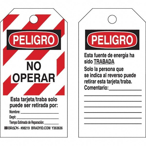 Do Not Operate Tag: 5-3/4" High, 3" Wide, Polyester, "PELIGRO"