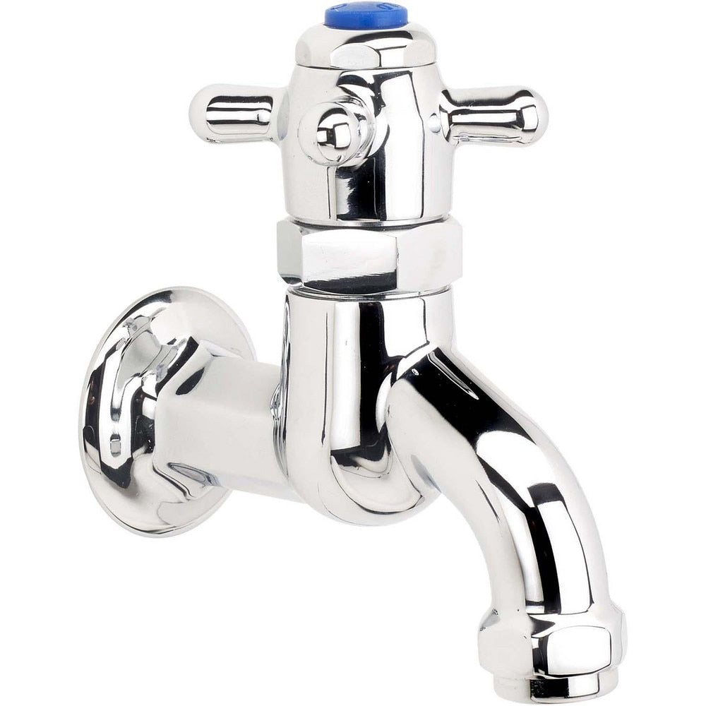 Lavatory Faucets; Type: Wall Mount; Spout Type: Straight; Design: Self-Closing Valve; Handle Type: Color Coded; Cross; Mounting Centers: Single Hole; Drain Type: Manual; Finish/Coating: Chrome Plated Brass; Thread Type: NPT Female; Special Item Informatio