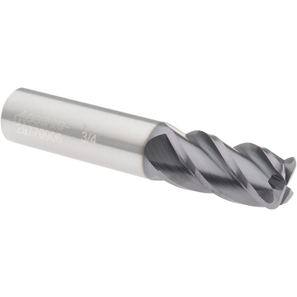 Corner Radius End Mill: 3/4" Dia, 1-1/2" LOC, 0.1300" Radius, 4 Flute, Solid Carbide