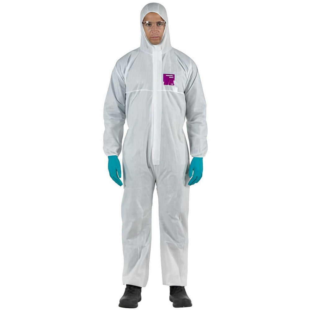 Disposable Coveralls: Chemical Protection, Size 4X-Large, 1.4200 oz, SMS, Two Way Zipper & Stormflaps Closure