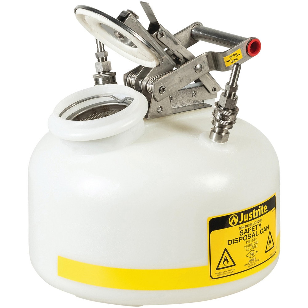 Safety Disposal Cans; Capacity: 2.000 gal; Can Material: High Density Polyethylene; Color: White; Compatible Fluid: Flammable Liquids; Overall Height: 14.75 in; Overall Diameter: 12.000