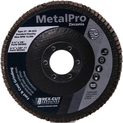 Flap Disc:  4-1/2" Dia, 7/8" Hole, 80 Grit, Zirconia Alumina, Type 27