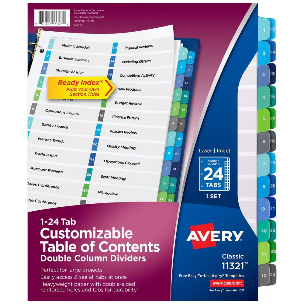 11 x 8 1/2" 1 to 24" Label, 24 Tabs, 3-Hole Punched, Preprinted Tab Dividers