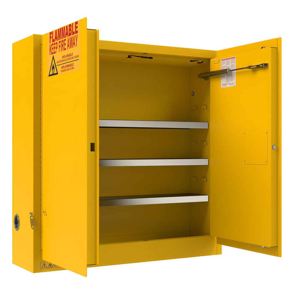 Flammable & Hazardous Storage Cabinets:  24.000 gal Drum, 2.000 Door,  3 Shelf,  Self Closing,  Safety Yellow