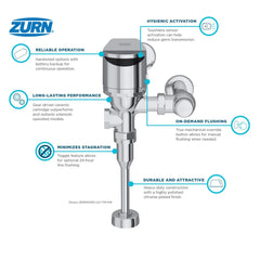 Automatic Flush Valves; Valve Type: Urinal; Flush Style: Single Flush; Gallons Per Flush: 0.125; Flush Valve Location: Exposed; Pipe Size: 0.75 in; Spud Coupling Size: 1.5 in; Cover Material: Chrome; Power Source: Hard Wire, 4AA Battery Backup