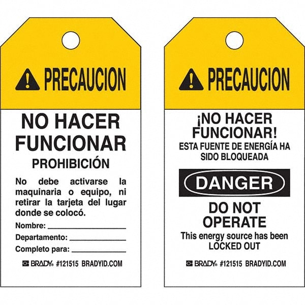 Do Not Operate Tag: 5-3/4" High, 3" Wide, Paper, "PRECAUCION"