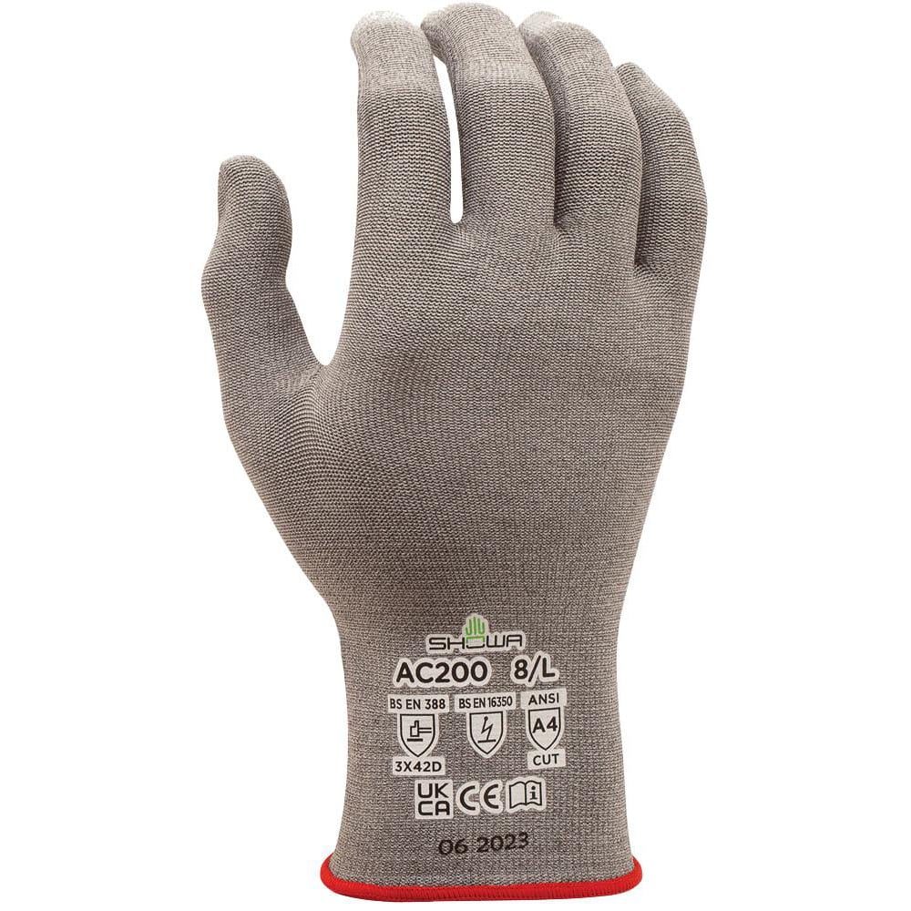 Cut-Resistant Gloves: SHOWA AC200, Size Large, ANSI Cut A4, ANSI Puncture 0, Seamless Knit with HPPE Anti-Static Conductive Yarn Lined, HPPE