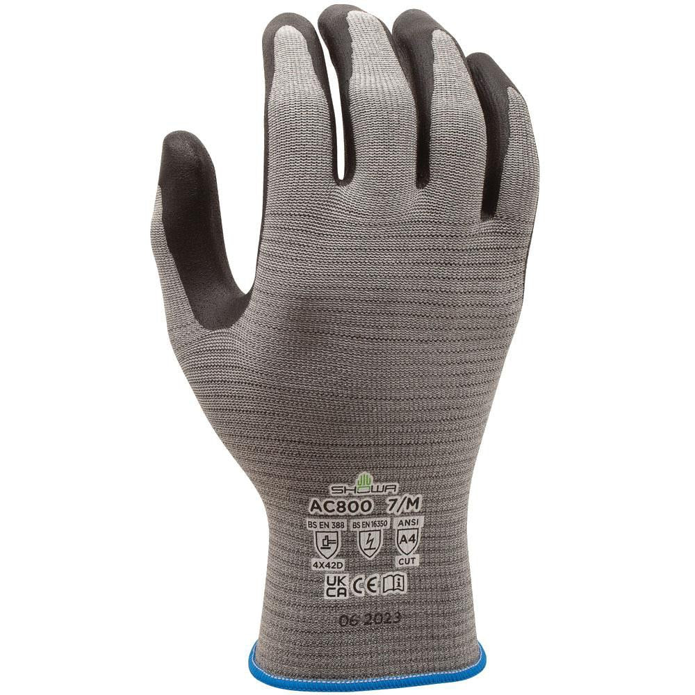 Cut-Resistant Gloves: SHOWA AC800, Size Medium, ANSI Cut A4, ANSI Puncture 0, Micropore Nitrile, Engineered Yarn & Microfiber