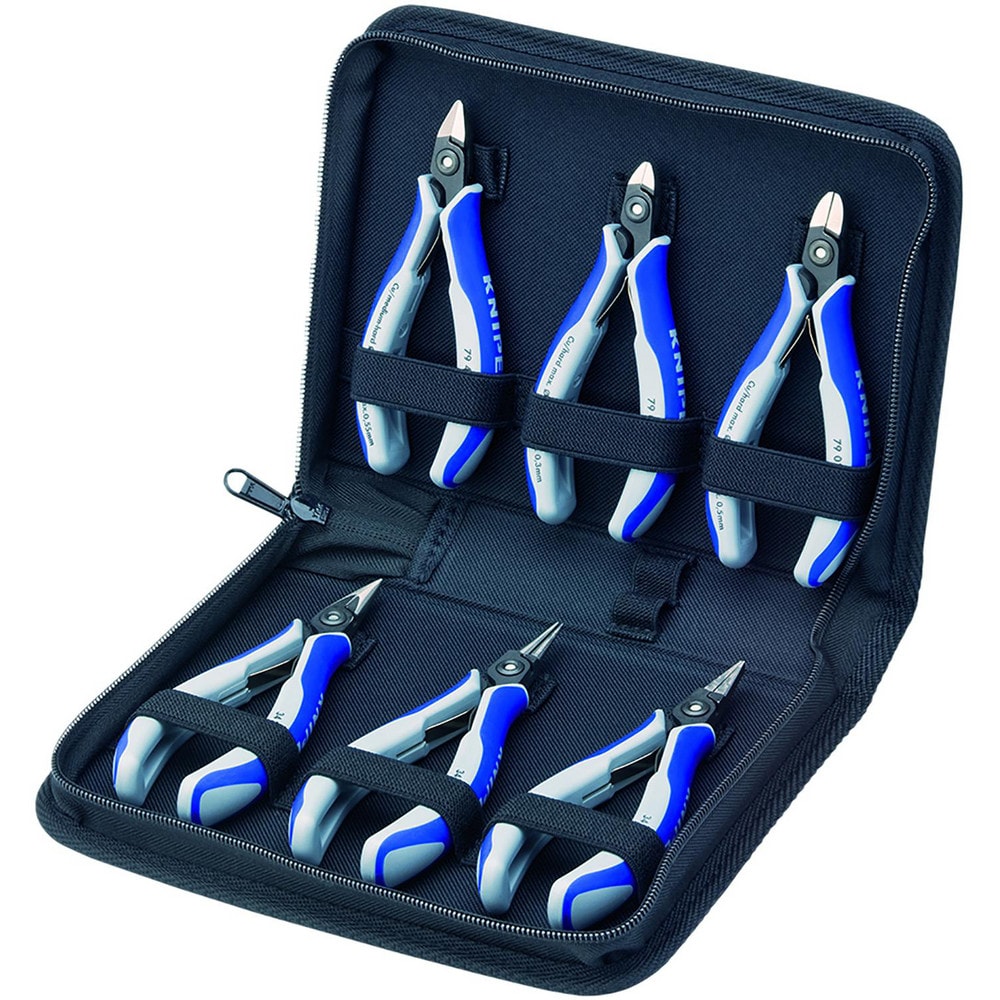 Plier Sets; Plier Type Included: Electronics Diagonal Cutters, Electronic Pliers (various tips); Container Type: None; Handle Material: Comfort Grip; Includes: 34 32 130, 79 02 125, 34 22 130, 79 02 120, 79 42 125, 34 12 130; Insulated: No; Tether Style: