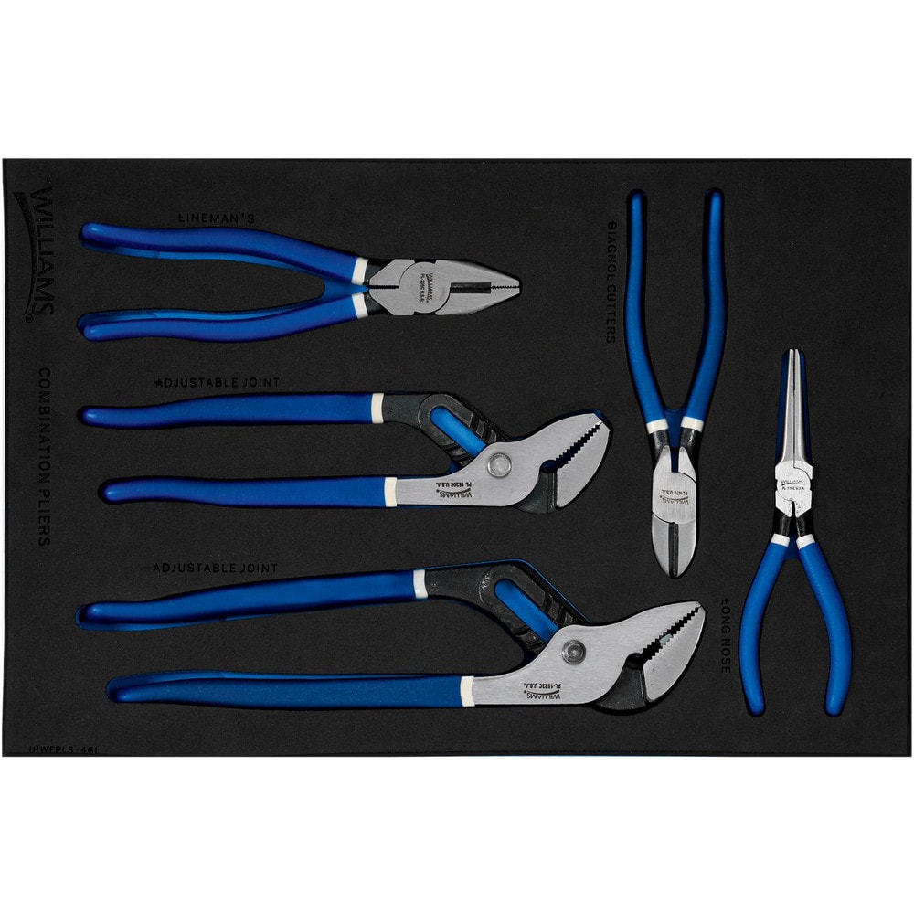 Plier Sets; Plier Type Included: 8 1/2" Industrial Grade Linesman's Pliers, 12" Utility Superjoint Pliers, 7" Industrial Grade Diagonal Cutting Pliers, 7" Long Nose Needle Pliers; Container Type: Foam Inserts; Handle Material: Double Dip; Includes: Pre-Cu