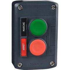 Pushbutton Control Stations; Control Station Type: Control Station; Number of Operators: 2; Legend Markings: Marche, Arret; Switch Action: Spring Return; Contact Configuration: NO/NC; Operator Type: Flush Push Button