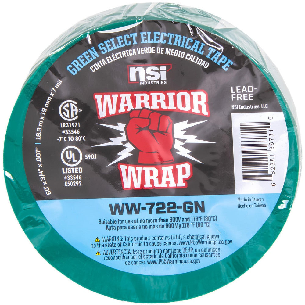 Electrical Tape; Tape Material: Vinyl; Width (Inch): 3/4; Thickness (mil): 7.0000; Color: Green; Series: Professional; Series Part Number: WW-722-GN; Adhesive Material: PVC