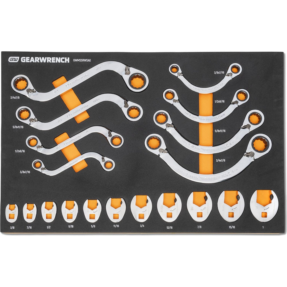 Reversible Double Head Half Moon & S-Shape Box End & Crowfoot Wrench Set: 19 Pc, Inch