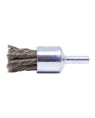 3/4″ Diameter × 1/4″ Shank Diameter × 7/8″ Trim Length, 0.020″ Crimped Bristle, Stainless Steel, Knotted End Brush