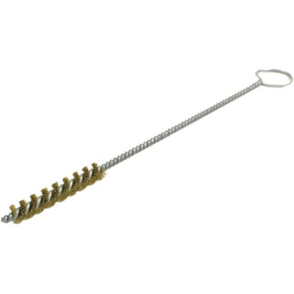 Brush Research Mfg. - 7/16" Diam Helical Brass Tube Brush - Single Spiral, 0.005" Filament Diam, 2-1/2" Brush Length, 10" OAL, 0.168" Diam Galvanized Steel Shank - Top Tool & Supply