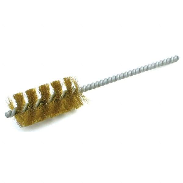 Brush Research Mfg. - 9/16" Diam Helical Brass Tube Brush - Single Spiral, 0.005" Filament Diam, 1-1/2" Brush Length, 5" OAL, 0.19" Diam Galvanized Steel Shank - Top Tool & Supply