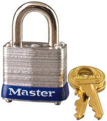 Master Lock - 9/16" Shackle Clearance, Keyed Alike General Security Padlock - 3/16" Shackle Diam, Laminated Steel - Top Tool & Supply