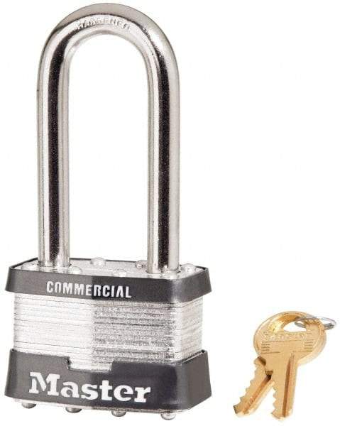 Master Lock - 2-1/2" Shackle Clearance, Keyed Different Padlock - 15/16" Shackle Width, 3/8" Shackle Diam, Laminated Steel - Top Tool & Supply