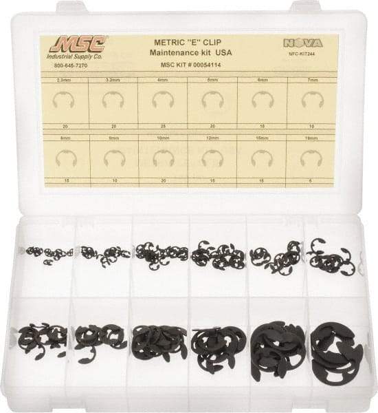 Made in USA - 190 Piece, M2.3 to M19, Steel, E Style External Retaining Ring Assortment - Includes Compartmented Case, Specification Labels - Top Tool & Supply