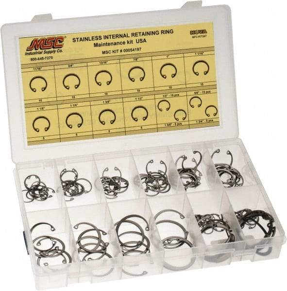 Value Collection - 120 Piece, 1/2 to 1-3/4", Stainless Steel, Snap Internal Retaining Ring Assortment - Includes Compartmented Case, Specification Labels - Top Tool & Supply