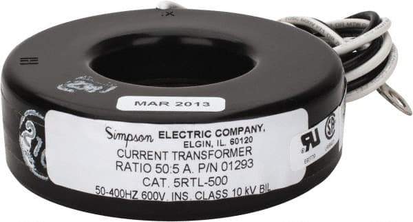 Simpson Electric - 2 VA Burden, 50 Amp AC Input, 5 Amp AC Output, 50 to 400 Hz, Panel Meter Donut Current Transformer - Screw Terminal, For Use with AC Ammeter - Top Tool & Supply