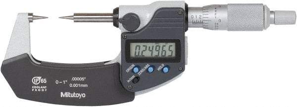 Mitutoyo - 1 Inch, 32mm Throat Depth, Ratchet Stop, Digital Point Micrometer - Accurate Up to 0.0001 Inch, 15° Point Angle - Top Tool & Supply