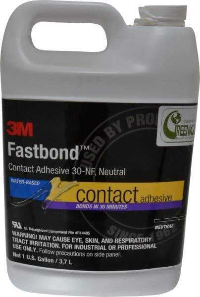 3M - 1 Gal Bottle Natural Contact Adhesive - Series 30NF, 15 to 30 min Working Time, 4 hr Full Cure Time, Bonds to Cardboard, Ceramic, Fabric, Fiberglass, Foam, Glass, Leather, Metal, Plastic, Rubber, Vinyl & Wood - Top Tool & Supply