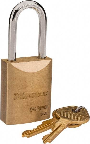 Master Lock - 1-9/16" Shackle Clearance, Keyed Different Pro Series Padlock - 25/32" Shackle Width, 1/4" Shackle Diam, Brass - Top Tool & Supply