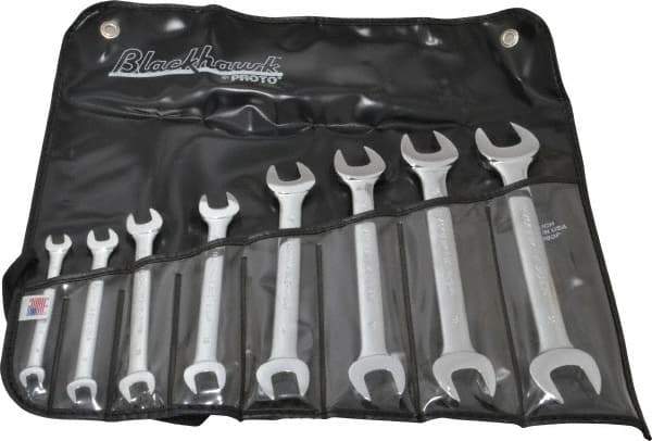 Blackhawk by Proto - 8 Piece, 6mm x 7mm to 20mm x 22mm, Open End Wrench Set - Metric Measurement Standard, Full Polish Finish, Comes in Vinyl Roll - Top Tool & Supply