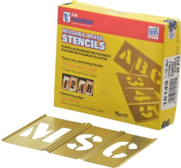 C.H. Hanson - 92 Piece, 1-1/2 Inch Character Size, Brass Stencil - Contains Three A Fonts - Top Tool & Supply