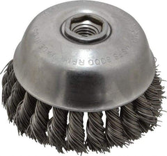 Osborn - 4" Diam, 5/8-11 Threaded Arbor, Steel Fill Cup Brush - 0.025 Wire Diam, 1-1/4" Trim Length, 6,000 Max RPM - Top Tool & Supply