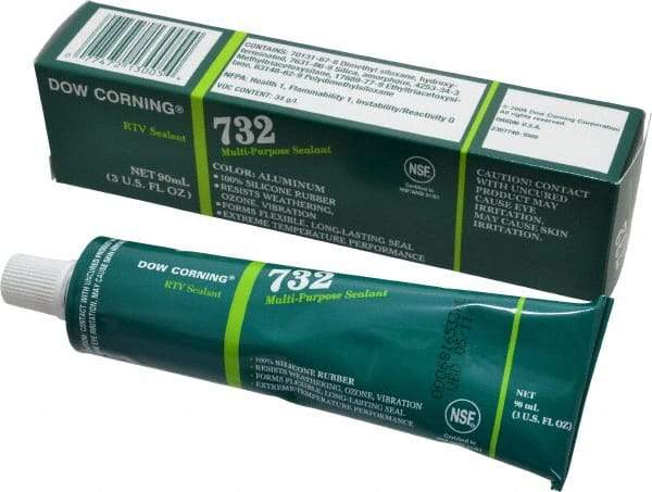 Dow Corning - 3 oz Tube Silver RTV Silicone Joint Sealant - -76 to -29.2°F Operating Temp, 20 min Tack Free Dry Time, 24 hr Full Cure Time, Series 732 - Top Tool & Supply