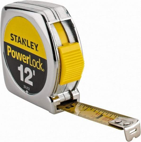 Stanley - 12' x 1/2" Yellow Blade Tape Measure - 1/32 & 1/16" Graduation, Inch Graduation Style, Silver Case - Top Tool & Supply