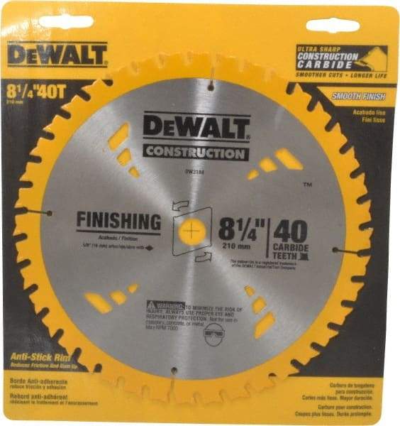 DeWALT - 8-1/4" Diam, 5/8" Arbor Hole Diam, 40 Tooth Wet & Dry Cut Saw Blade - Carbide-Tipped, General Purpose Action, Diamond Arbor - Top Tool & Supply