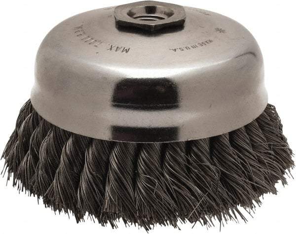 Anderson - 5" Diam, 5/8-11 Threaded Arbor, Steel Fill Cup Brush - 0.014 Wire Diam, 1-1/4" Trim Length, 7,000 Max RPM - Top Tool & Supply