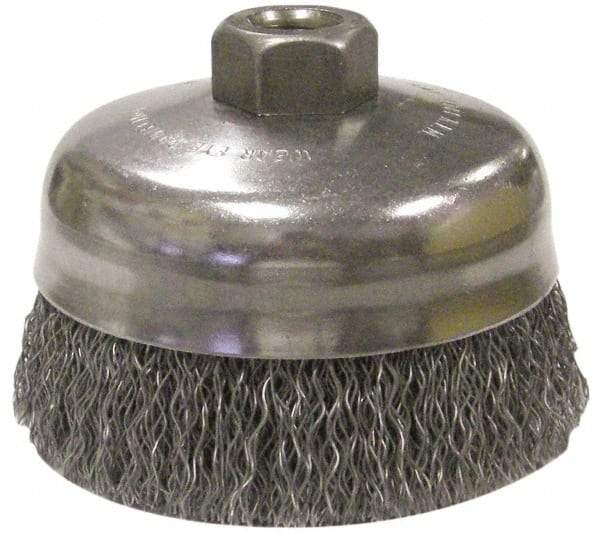 Anderson - 5" Diam, 5/8-11 Threaded Arbor, Steel Fill Cup Brush - 0.014 Wire Diam, 1-1/4" Trim Length, 9,000 Max RPM - Top Tool & Supply