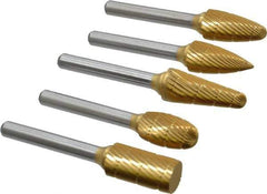 Made in USA - 5 Piece, 1/2" Shank Burr Set - Tungsten Carbide, Multiple Head Shape - Top Tool & Supply