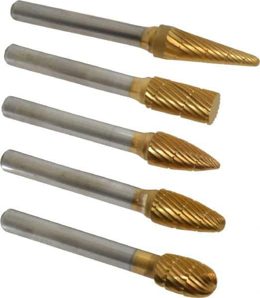 Made in USA - 5 Piece, 3/8" Shank Burr Set - Tungsten Carbide, Multiple Head Shape - Top Tool & Supply