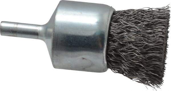 Weiler - 1" Brush Diam, Crimped, End Brush - 1/4" Diam Steel Shank, 22,000 Max RPM - Top Tool & Supply