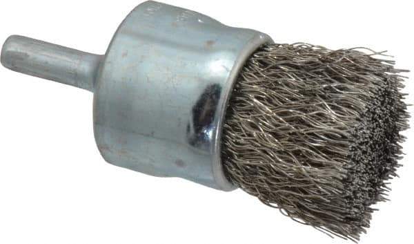Weiler - 1" Brush Diam, Crimped, End Brush - 1/4" Diam Steel Shank, 22,000 Max RPM - Top Tool & Supply