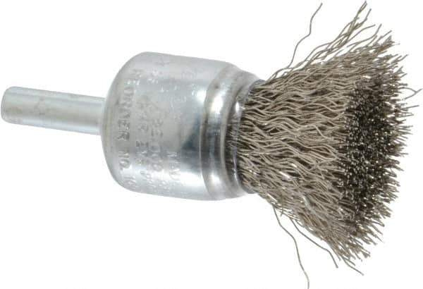 Weiler - 3/4" Brush Diam, Crimped, End Brush - 1/4" Diam Steel Shank, 22,000 Max RPM - Top Tool & Supply